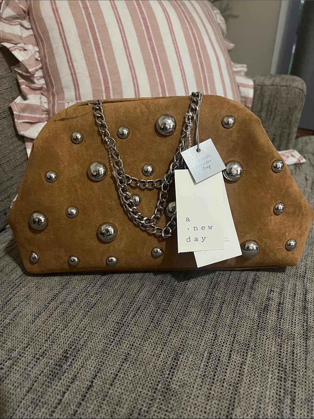 a new day Tan Suede Studded Chain Clutch